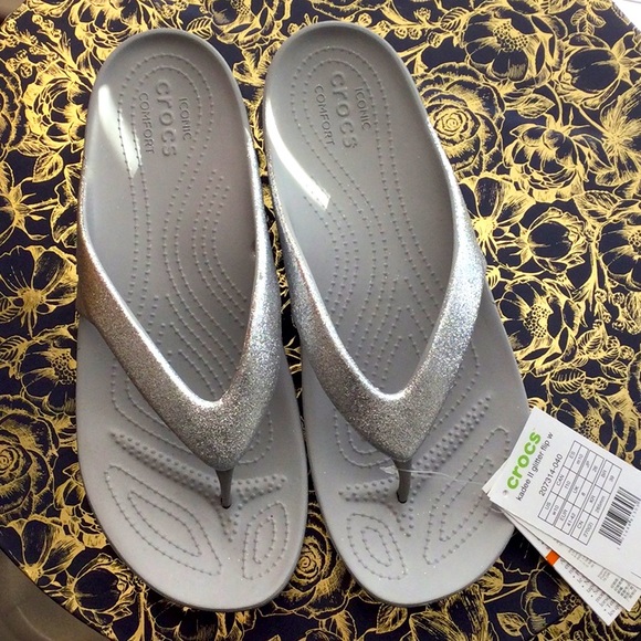 CROCS Shoes Crocs Sandalsflip Flops Silver Glitter Poshmark